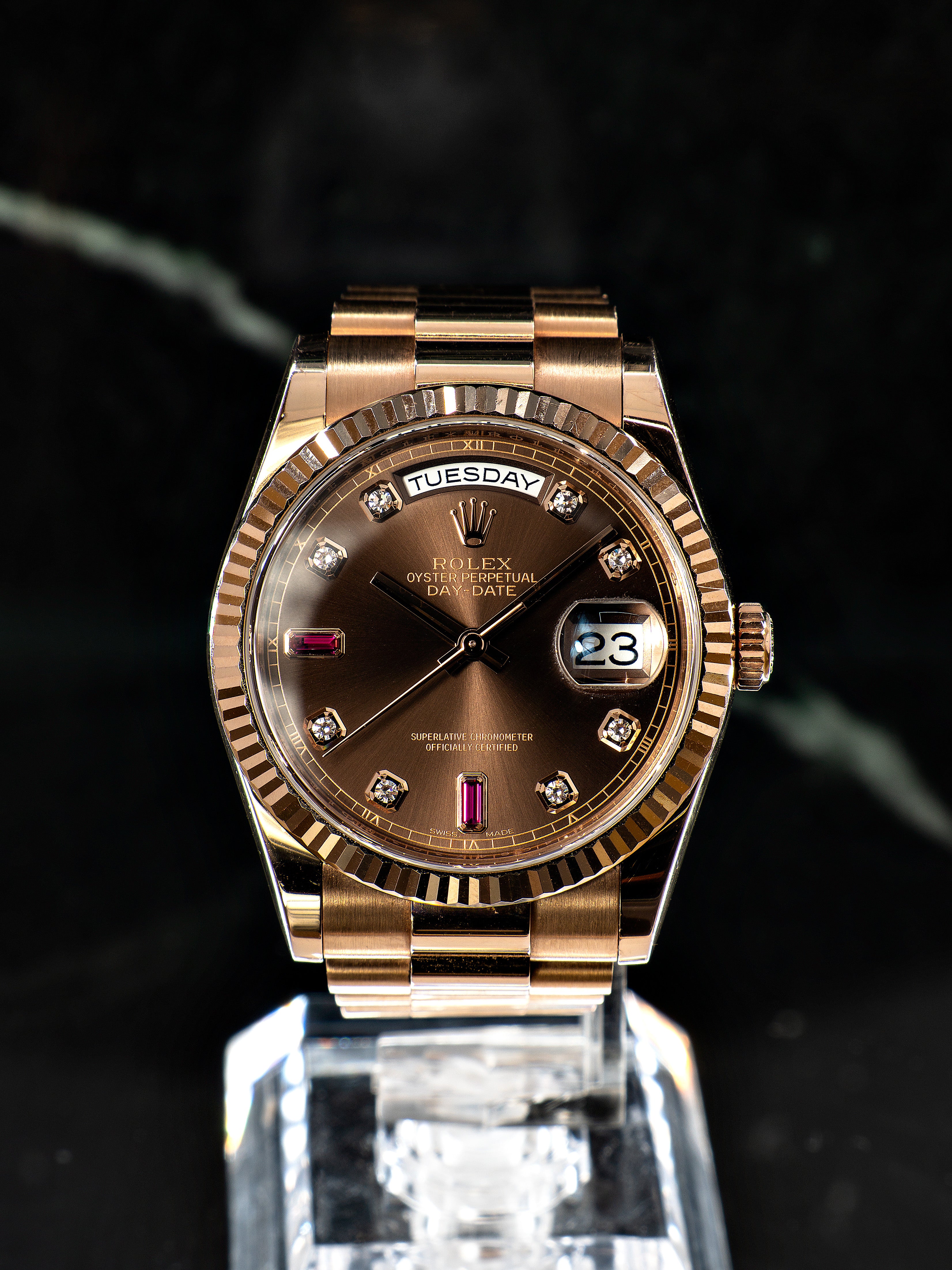 Rolex Day-Date Choco Ouro Rosa/Safira